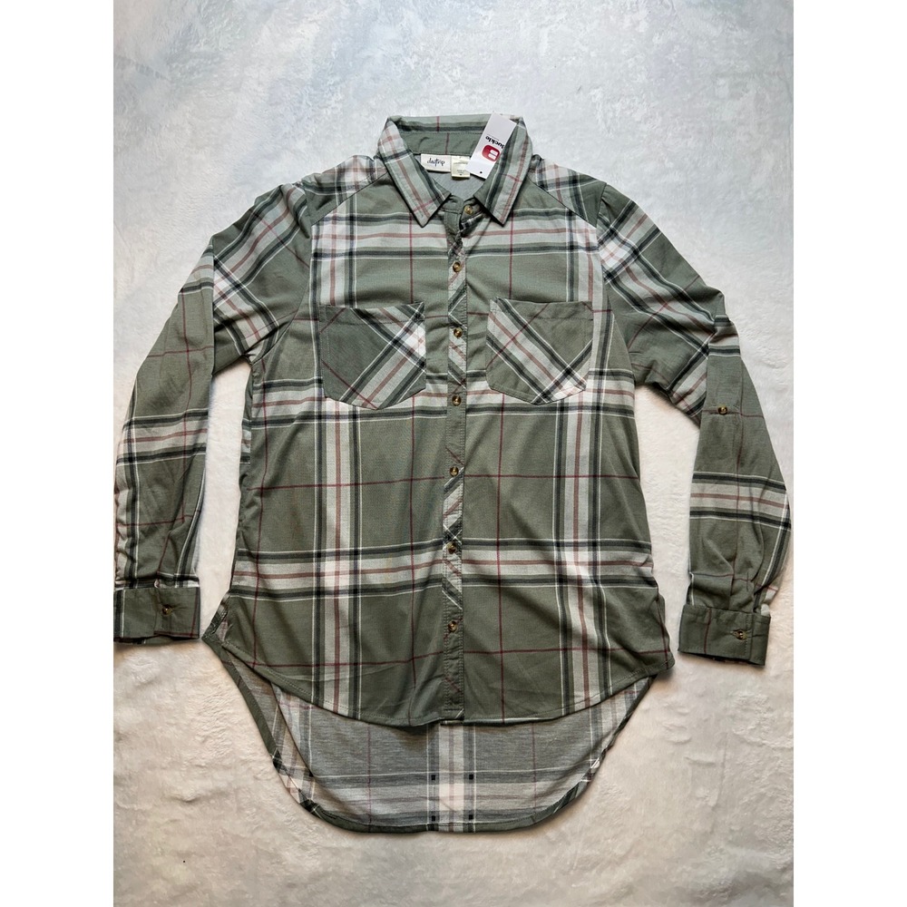 Daytrip Womens Sage Ivory Plaid Knit Button Up Shirt Medium NWT - 204